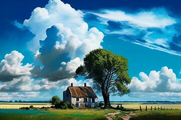 Painting style illustration - A lonely house in the middle of nowhere