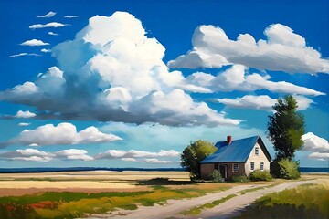 Painting style illustration - A lonely house in the middle of nowhere