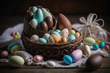 Obraz na płótnie Canvas Easter concept, basket with colored Easter eggs. Generative AI.