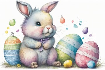 Easter concept, fluffy and colorful bunny surrounded by colored eggs. Generative AI