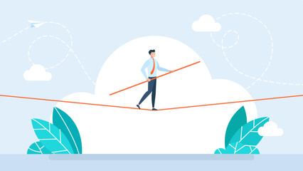 Business risk and professional strategy concept. Businessman walks over gap as tightrope walker. Manage Business risk. Businessman walking tightrope. Funambulist. Balance-master. Vector illustration