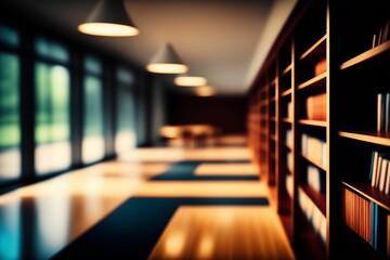 Abstract blurred empty college library interior space. Blurry classroom with bookshelves by defocused effect. use for background or backdrop in book shop business or education. Generative AI