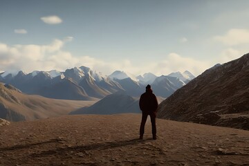 Fototapeta na wymiar Unrecognizable traveler standing near mountain. Generative AI