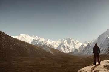 Fototapeta premium Unrecognizable traveler standing near mountain. Generative AI