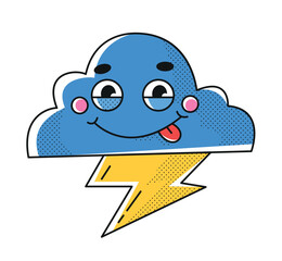 Storm cloud with smile and eyes. Cute patch or emblem with cartoon style character. Comic sticker design.