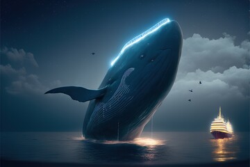 Naklejka na ściany i meble A Beautiful Gigantic whale is swimming up headed towards created using generative AI tools