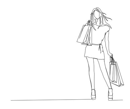 recommend clip art: Continuous one line drawing of pretty woman and holding paper bags after shopping . Young woman holding shopping bags line art vector illustration.