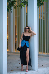 Fashion boutique advertising. Fashion street style of beautiful model wearing fashion clothes. Fashion accessories. Girl vogue urban style.