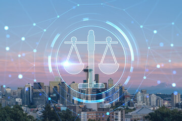 Seattle skyline panorama from Kerry Park. Skyscrapers of financial downtown at sunset, Washington, USA. Glowing hologram legal icons. The concept of law, order, regulations and digital justice