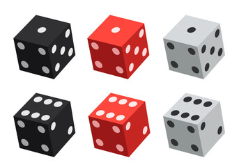 3d Dice. Black, red, white dice. Vector clipart isolated on white background.