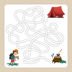 Find a way to the tent. Educational worksheet. Logic game for children. Labyrinth. Choose the right path.