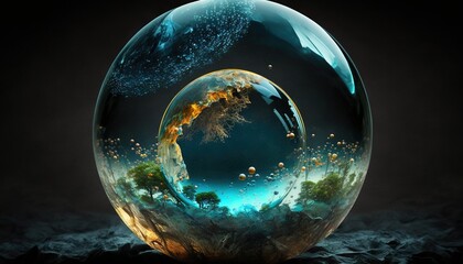 Nature world in miniature in glass ball abstract drawn illustration of planet earth for earth day