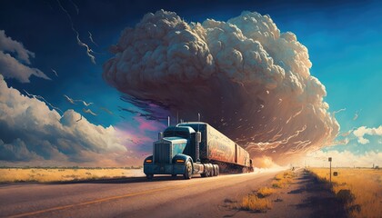 Vintage American truck on highway, cartoon illustration style, generative ai. - 575990572