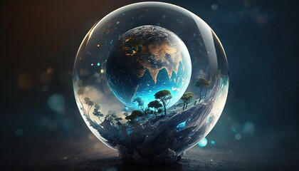 Obraz na płótnie Canvas Nature world in miniature in glass ball abstract drawn illustration of planet earth for earth day