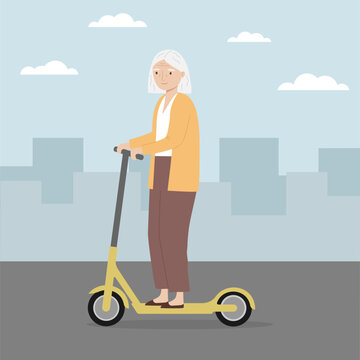 Senior woman riding kick scooter. Old woman riding electric scooter in the city