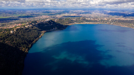 Aerial view of Lake Albano, a small volcanic crater lake in the Alban Hills of Lazio, south of...