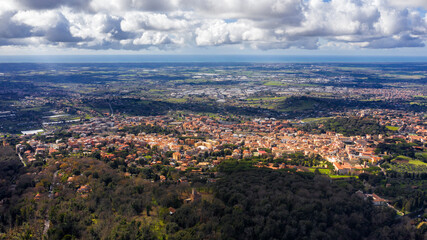Aerial view of Albano Laziale, a comune in the Metropolitan City of Rome, on the Alban Hills, in Latium, central Italy. Located in the Castelli Romani area of Lazio. It is known simply as Albano.