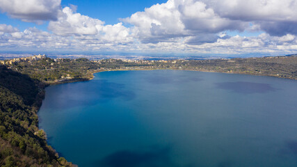 Aerial view of Lake Albano, a small volcanic crater lake in the Alban Hills of Lazio, south of...