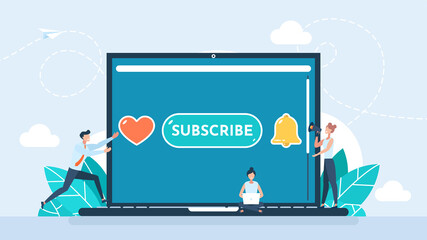Tiny people subscribe to the channel. Set icon button like, subscribe, bell notification. Subscribe set button for social media. Buttons for app. Notification icons. Flat style. Illustration. - obrazy, fototapety, plakaty