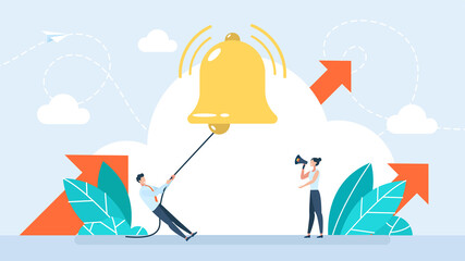 Ring subscription bell to get reminder for new social media content. Man have chat messages notification, turn on social media for up to date. New subscriber man rings big bell. Flat illustration