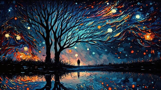 paint like illustration of a man under starfield sky, Generative Ai