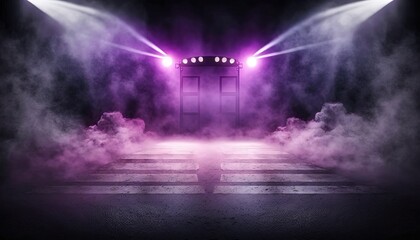 purple,  spotlights shine on stage floor in dark room, idea for background, backdrop Generative Ai	
