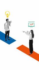 Communication gap. Contemporary art collage. Man and woman, colleagues shouting at each other in megaphones symbolizing misunderstanding. Concept of business, challenge, cooperation, communication