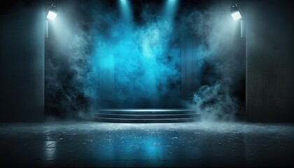blue,  spotlights shine on stage floor in dark room, idea for background, backdrop Generative Ai	
