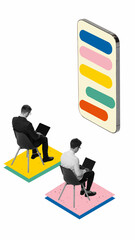 Contemporary isometric art collage or modern design. Two men, employees sitting on big laptopand chatting. Online business communication and cooperation. Concept of business, network, teleworking