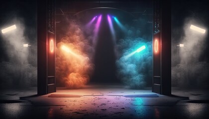 rainbow, spectrum,  spotlights shine on stage floor in dark room, idea for background, backdrop Generative Ai	
