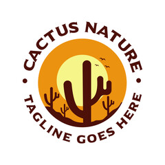 Vintage illustration of desert cactus with mountain view, sun and birds of prey. Cliff and cactus travel logo