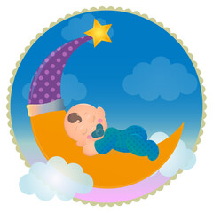 Baby boy illustration sleeping on the moon. Drawing with circular background. © Debora