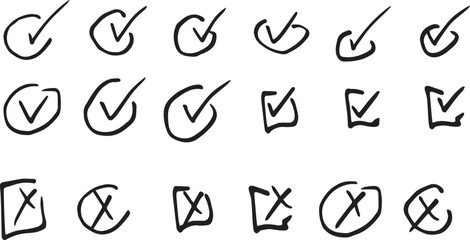 Set of ticks and crosses, positive and negative, hand -drawn vector