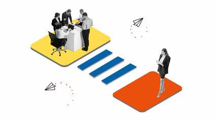 Professional meeting. Team, employees having briefing, discussing company analytics.Contemporary art collage. Conceptual design. Graph of success. Concept of career development, business