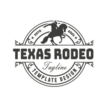 Retro Rodeo Emblem logo with equestrian silhouette. Wild west vintage rodeo badge. Vector illustration.
