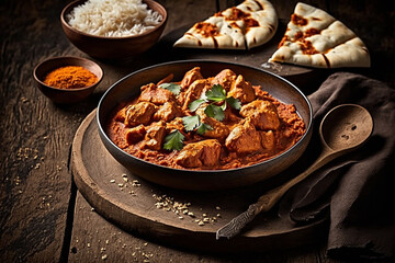 Chicken tikka masala spicy curry meat food in a clay plate with rice and naan bread on wooden background. Ai generated