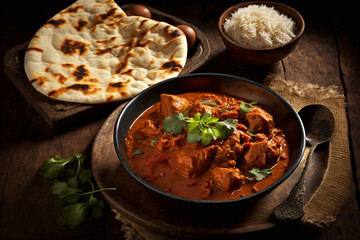 Chicken tikka masala spicy curry meat food in a clay plate with rice and naan bread on wooden background. Ai generated