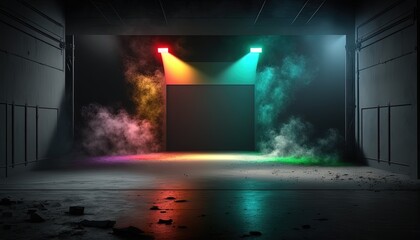colorful spotlights shine on stage floor in dark room, idea for background, backdrop, mock up, Generative Ai