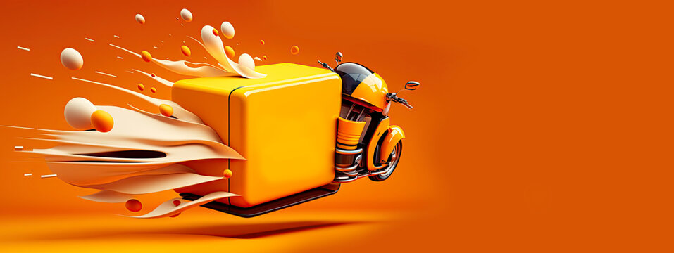 Trendy minimalistic food delivery service or online food order application banner design template and delivery scooter