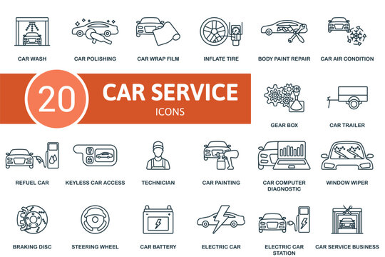 Car Service icon outline set. Line Car Service icon collection. Car Wash, Polishing, Wrap Film, Inflate Tire, Body Paint Repair, Steering Wheel, Car Battery, Electric Car, Electric Station, Service