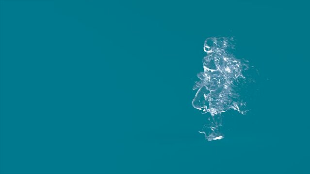 3d rendering of a running human made of water, blue background, looping animation, right side