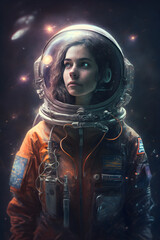 Naklejka premium Female astronaut in space suit portrait, illustration