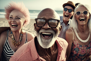 Beach bliss: multiethnic seniors basking in sunny days. Generative AI illustration.