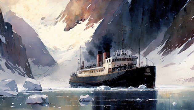 paint like illustration of an ice breaker ship sailing through fjord, Generative Ai