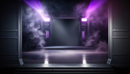 purple, spotlights shine on stage floor in dark room, idea for background, backdrop, mock up, Generative Ai