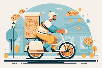 Pizza delivery man riding a scooter - illustration created with Generative AI technology