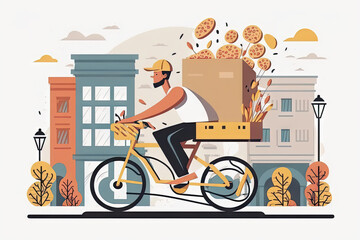 Pizza delivery man riding a bicycle - illustration created with Generative AI technology