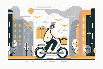 Delivery man riding a bicycle - illustration created with Generative AI technology
