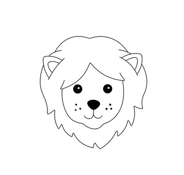 Vector isolated one single cute cartoon kind lion head with mane colorless black and white contour line easy drawing