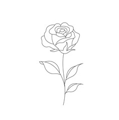Vector isolated one single rose flower on a stem with leaves colorless black and white contour line easy drawing - obrazy, fototapety, plakaty
